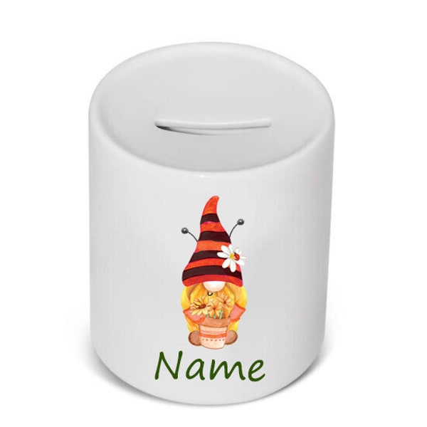 Cute Gnome Money Box, piggy bank, personalised coin jar, gonk gift, add a name to customise.