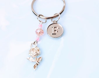 Rose initial keyring, Rose Initial Keychain, Rose gift, Rose keyring, Rose flower gift for her, flower lover gift, rose lovers gift,