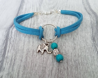 Elephant charm Bracelet, Turquoise Charm Bracelet, Elephant Bracelet, animal Charm bracelet, elephant jewelry for women, leather  bracelet