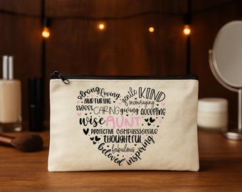 Bolsa de cosméticos de lona com zíper e estampa de coração da tia