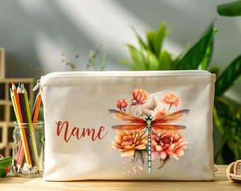 Bolsa de maquiagem cosmética em lona com zíper em formato de libélula