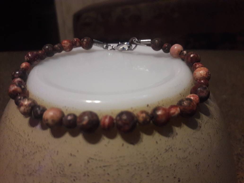 ELEDORO Bracciale In Diaspro Leopardato 6 Mm - Realizzato A Mano, Elastico, Pietra Di Forza E Coraggio, Regalo Donna