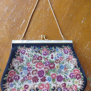 Vintage Petit Point Needlepoint. Floral/Roses tapestry. Evening bag-purse Austria. 1970s.