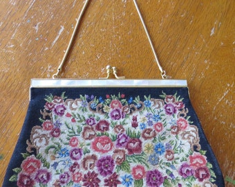Vintage Petit Point Needlepoint. Floral/Roses tapestry. Evening bag-purse Austria. 1970s.
