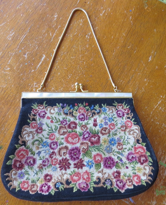 Floral Needlepoint Framed Bag Retro Brown Floral Gift. Boho
