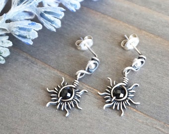 Black Spinel Dangly Sun Earrings - Total Solar Eclipse Inspired | .925 Sterling Silver - Wire Wrapped Handmade Jewelry - Witchy