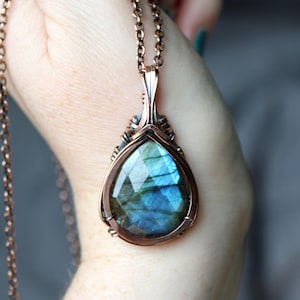 Labradorite | Antique Copper Pendant - Wire Wrapped Crystal Necklace - Handmade - Elven Inspired Jewelry - Wearable Art