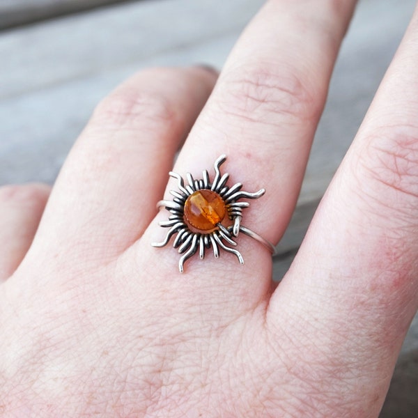 Baltic Amber Bead Sun Ring | .925 Sterling Silver Wire Wrapped - Unique Handmade Jewelry - Boho Jewelry - Unisex Gift - Nature Inspired