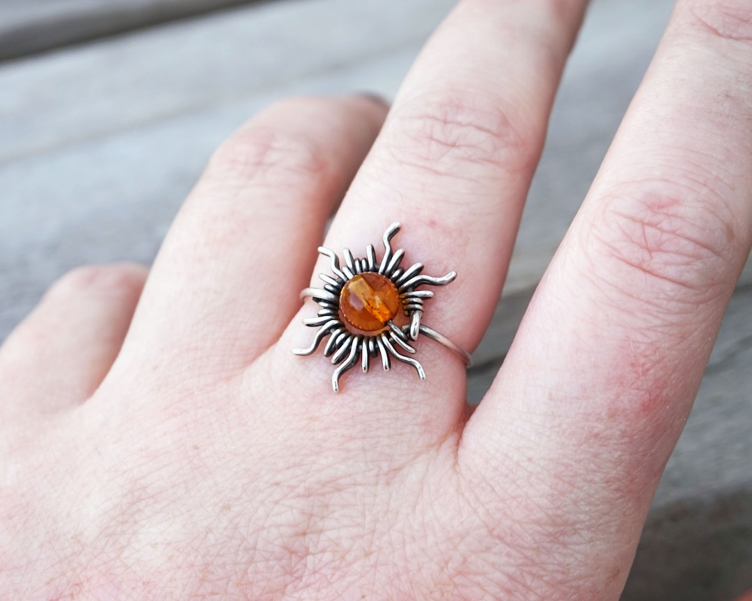Baltic Amber Bead Sun Ring | .925 Sterling Silver Wire Wrapped - Unique ...