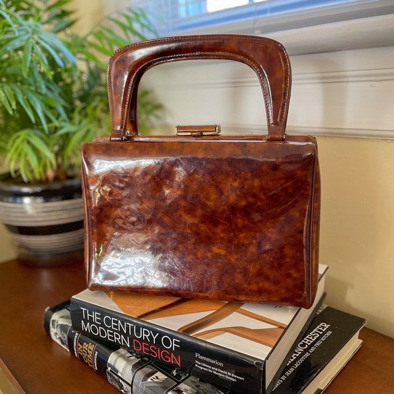 Vintage 50s-60s Brown Patent Leather Box Purse Sn… - image 1