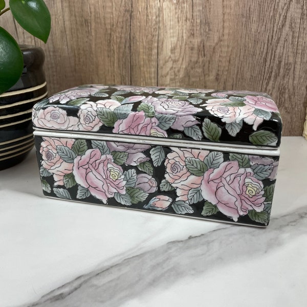 Vintage Ceramic Toyo HFP Macau Hand Painted Lidded Floral Box / Cloisonné Style Large Dresser Box "Midnight Rose" / Gift for Her Mom 8.5"