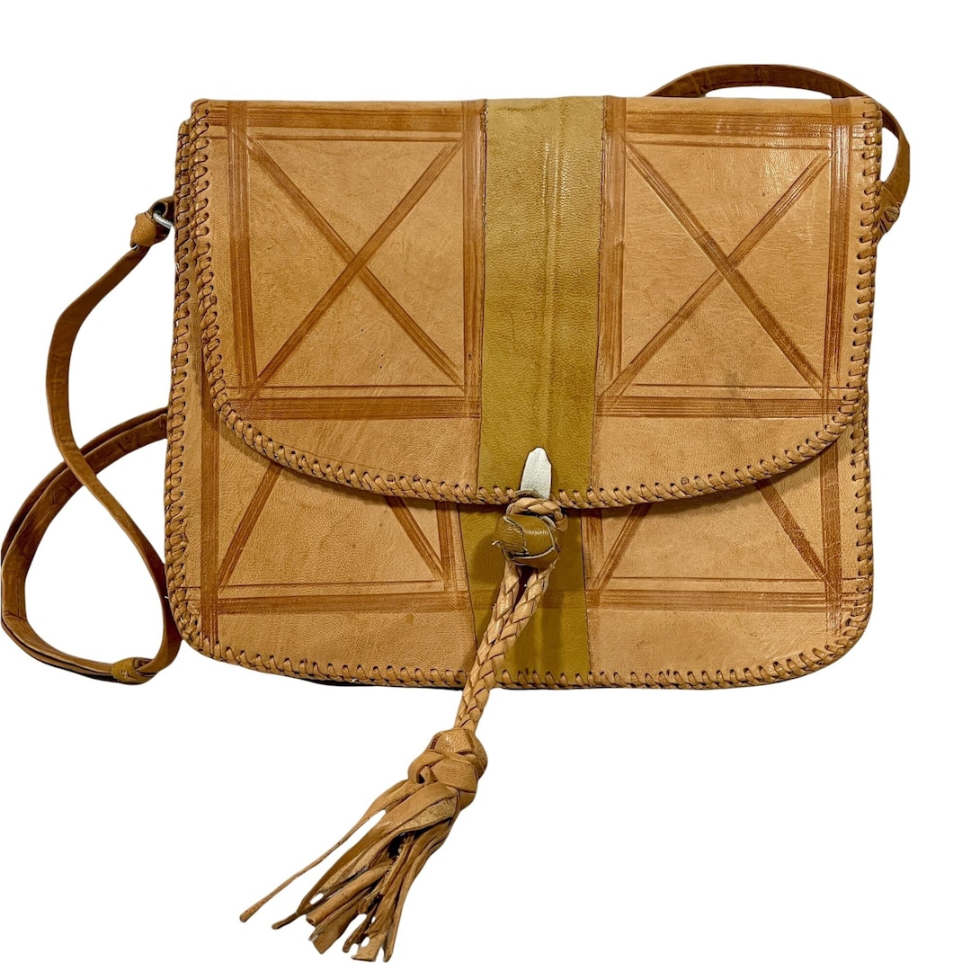 Vintage Western Hand Tooled Leather Saddlebag Purse / Hand Stitched Cowhide & Deerskin Leather