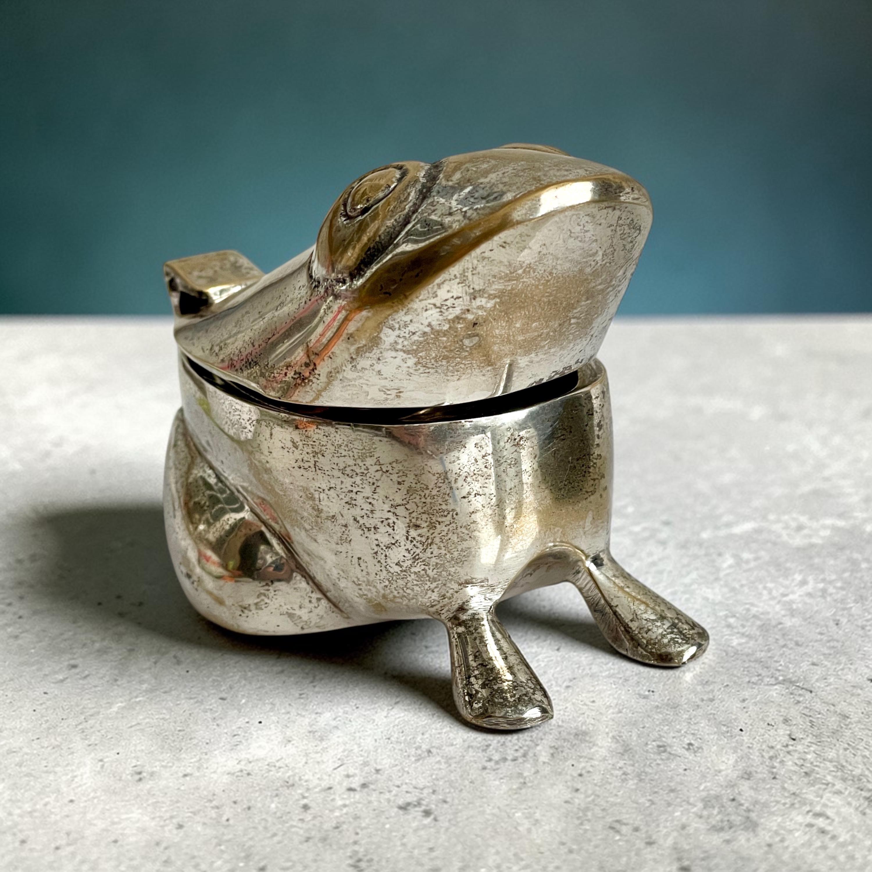 Vintage Silver Plated Frog Inkwell, Brass Woodland Trinket Box