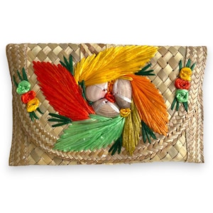 Colorful Woven Straw Rattan Clutch Bag with Decorative Shells / Island Style