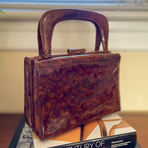 Vintage 50s-60s Brown Patent Leather Box Purse Sn… - image 9