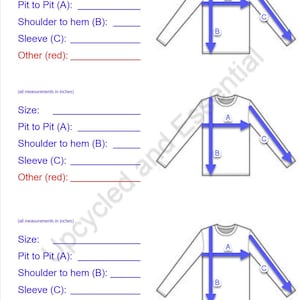 Puede incluir: Un papel blanco con tres diagramas de camisas de manga larga, cada uno con flechas azules que indican los puntos de medición. El texto incluye "Talla", "De axila a axila (A)", "De hombro a dobladillo (B)" y "Manga (C)", con medidas en pulgadas.