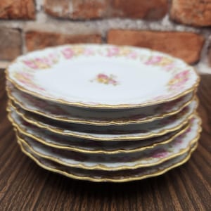 Elite Limoges France Pink & Yellow Rose Plates – Set of 6, 6.75&quot;, Gold Scalloped
