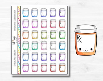 May include: A sheet of 36 colorful cartoon pill bottle stickers. Each sticker has a white label with an "Rx" symbol and a cute face. The sheet also includes a larger pill bottle sticker with a white label and a cute face.