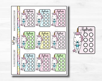 Unicorn Hydrate Tracker Planner Stickers for Any Planner, Water, H20, Reminder, Character, Erin Condren, Happy Planner TN, Matte or Glossy