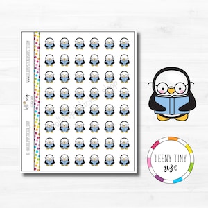 Stickers planificateur de personnage de lecture Teeny Tiny Penguin pour n'importe quel agenda, Erin Condren, Happy Planner, Hobonichi, étude, lecture, mat ou brillant