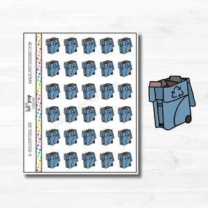 May include: A sheet of 25 blue recycling bin stickers. Each sticker features a blue recycling bin with a brown cardboard box inside. The bin has a white recycling symbol on the side and a black wheel on the bottom. The stickers are ideal for adding a touch of fun to your planner, journal, or laptop.
