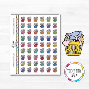 May include: A sheet of 49 colorful laundry basket stickers. Each sticker features a cartoon laundry basket filled with clothes. The stickers are arranged in a grid pattern. The text "TEENY TINY size" is printed below the stickers.