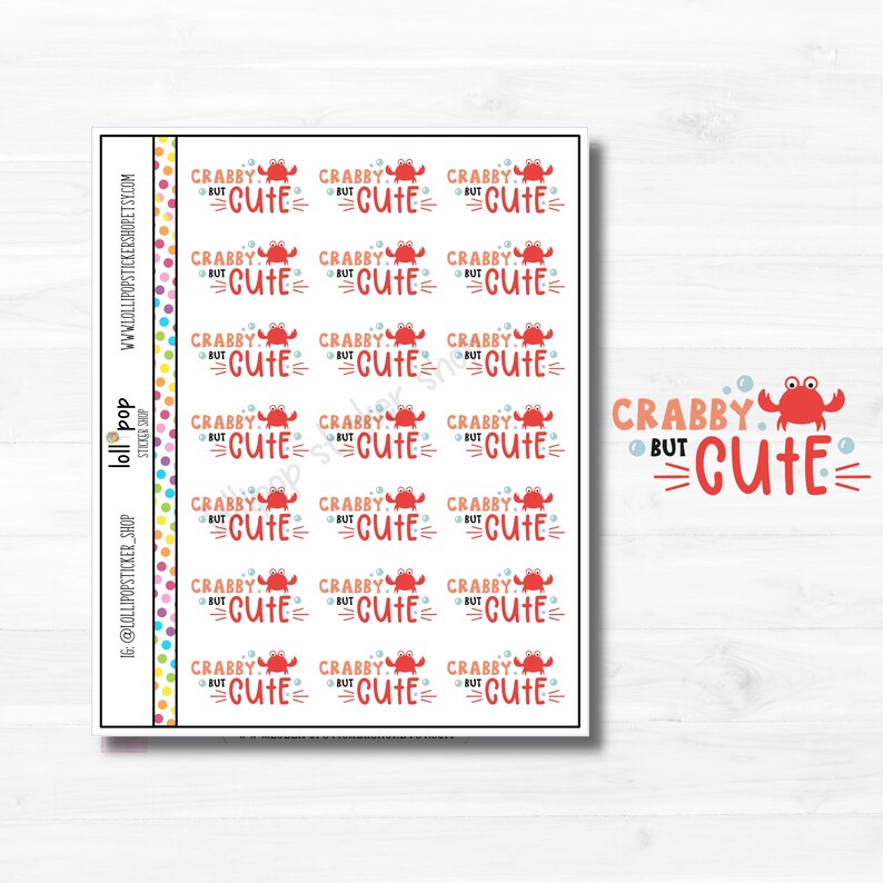 May include: A sheet of 18 stickers featuring a red crab with the text "Crabby but Cute" and bubbles. The stickers are arranged in a grid pattern.