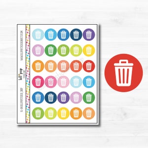Multi-colore Trash Day Circle Planner Autocollants pour n’importe quel planificateur, Erin Condren, Happy Planner, TN, Rappel, Corbeille, Fonctionnel