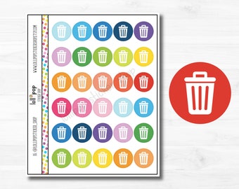 Multi-Color Trash Day Circle Planner Stickers for Any Planner, Erin Condren, Happy Planner, TN, Reminder, Garbage Can Bin, Functional