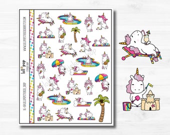 Summer Vacation Unicorn Character Planner Stickers for Any Planner or Journal, Erin Condren, Happy Planner, TN, EC, Pool, Beach, Quick Ship