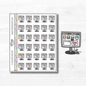 May include: A sheet of 24 computer monitor stickers. Each sticker features a cartoon computer monitor with a heart and three colourful squares on the screen. The stickers are black and white with colourful accents.