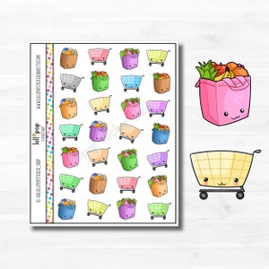 Kawaii Grocery Shopping Planner Stickers for Any Planner or Journal, Groceries, Cart, Bag, Erin Condren, Happy Planner, TN, Matte or Glossy