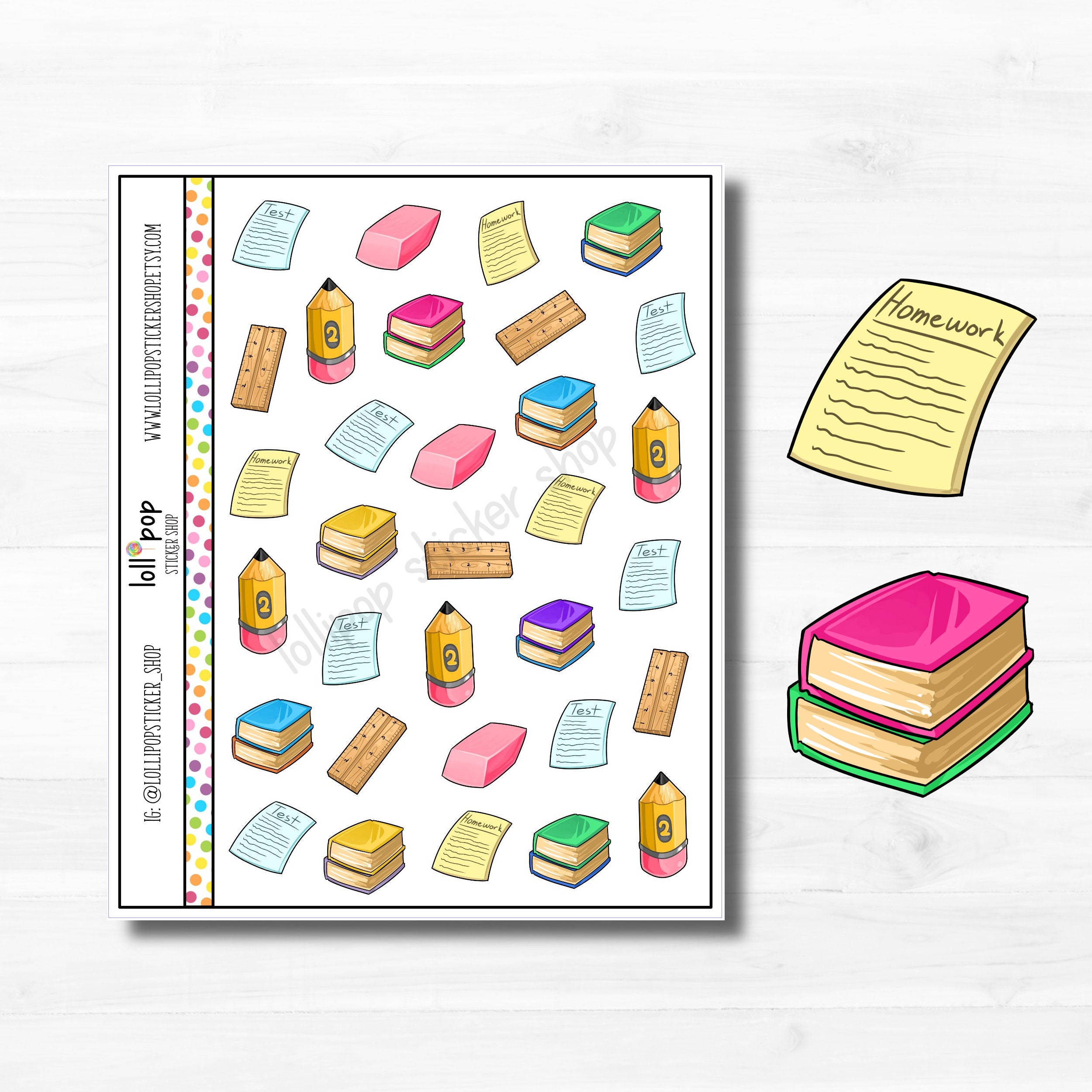 Kawaii School Planner Stickers: Homework, Test, Books (Matte or Glossy), image size:2500x2500