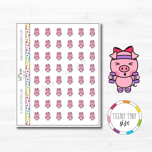 May include: A sheet of 49 pink pig stickers with purple dumbbells and pink bows. The pig stickers are in a grid pattern. There is a larger sticker of a pink pig with purple dumbbells and a pink bow on the right side of the sheet. The text "TEENY TINY size" is on a colorful circle below the larger sticker.