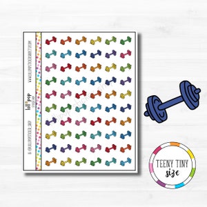 May include: A sheet of colorful dumbbell stickers. The stickers are small and feature a variety of colors, including red, orange, yellow, green, blue, purple, and pink. The stickers are perfect for adding a touch of fun to planners, journals, and other paper crafts.