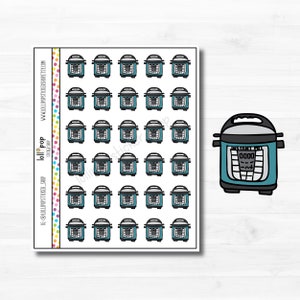 May include: A sheet of 25 blue and white instant pot stickers. The stickers are round and feature a cartoon illustration of an instant pot. The sheet is white with a colorful border.