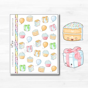 Autocollants Kawaii Birthday Planner pour tout agenda, fête, cadeau, gâteau, erin condren, happy planner, TN, cupcake, mat ou brillant