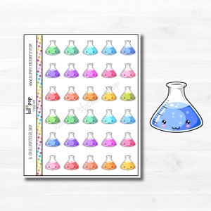 Peut inclure: Une feuille d'autocollants de béchers de dessin animé colorés. Les béchers ont des liquides de différentes couleurs et des visages souriants. Il y a un plus grand autocollant de bécher dans le coin avec un liquide bleu et un visage souriant.