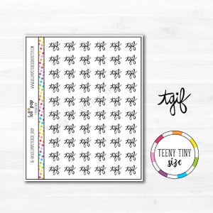 May include: A sheet of 36 small black and white "TGIF" stickers. The stickers are arranged in a grid pattern. The sheet is white with a colorful border. The text "TEENY TINY size" is written in black on a colorful circle.