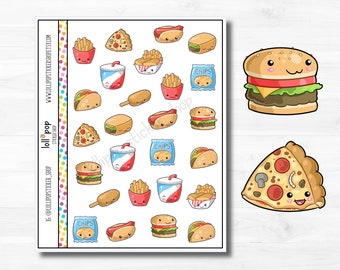 Kawaii Fast Food Take Out Mini Sheet Planner Stickers for Any Planner or Journal Erin Condren Happy Planner Meal Plan Junk Food Matte Glossy