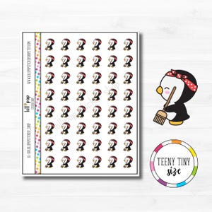 Autocollants de planificateur de personnage de nettoyage de minuscule pingouin pour n'importe quel agenda, Erin Condren, Happy Planner, Hobonichi, balai, mat ou brillant