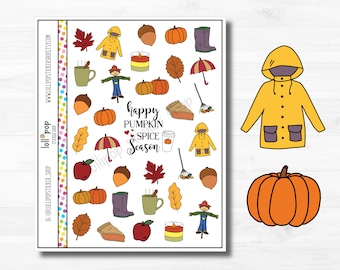 May include: A sheet of fall-themed stickers with images of pumpkins, leaves, rain boots, acorns, a scarecrow, a cup of coffee, a pie, an umbrella, and a raincoat. The text "happy pumpkin spice season" is in the center of the sheet.