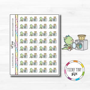 May include: A sheet of 36 stickers featuring a green dragon character with a laundry basket and washing machine. The stickers are labeled "Teeny Tiny Size" and are from the "Lollipop Sticker Shop".