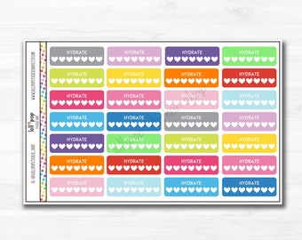 Multi-Color Hydrate Heart Checklist Quarter Box Planner Stickers for Many Planners, Erin Condren, Happy Planner, Functional, Tracker