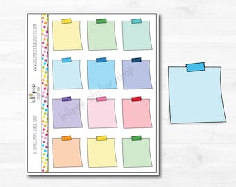 May include: A sheet of colorful sticky note stickers with a variety of colors and tape designs. The sheet is divided into a grid of 12 squares, each containing a blank sticky note. The notes are in various colors, including yellow, green, blue, purple, pink, orange, and light blue. The tape designs are also varied, including yellow, green, blue, purple, pink, orange, and red.