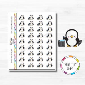 Autocollants de planificateur de personnage Teeny Tiny Penguin Trash Day pour n'importe quel agenda, Erin Condren, Happy Planner, Hobonichi, ordures ménagères, mat ou brillant