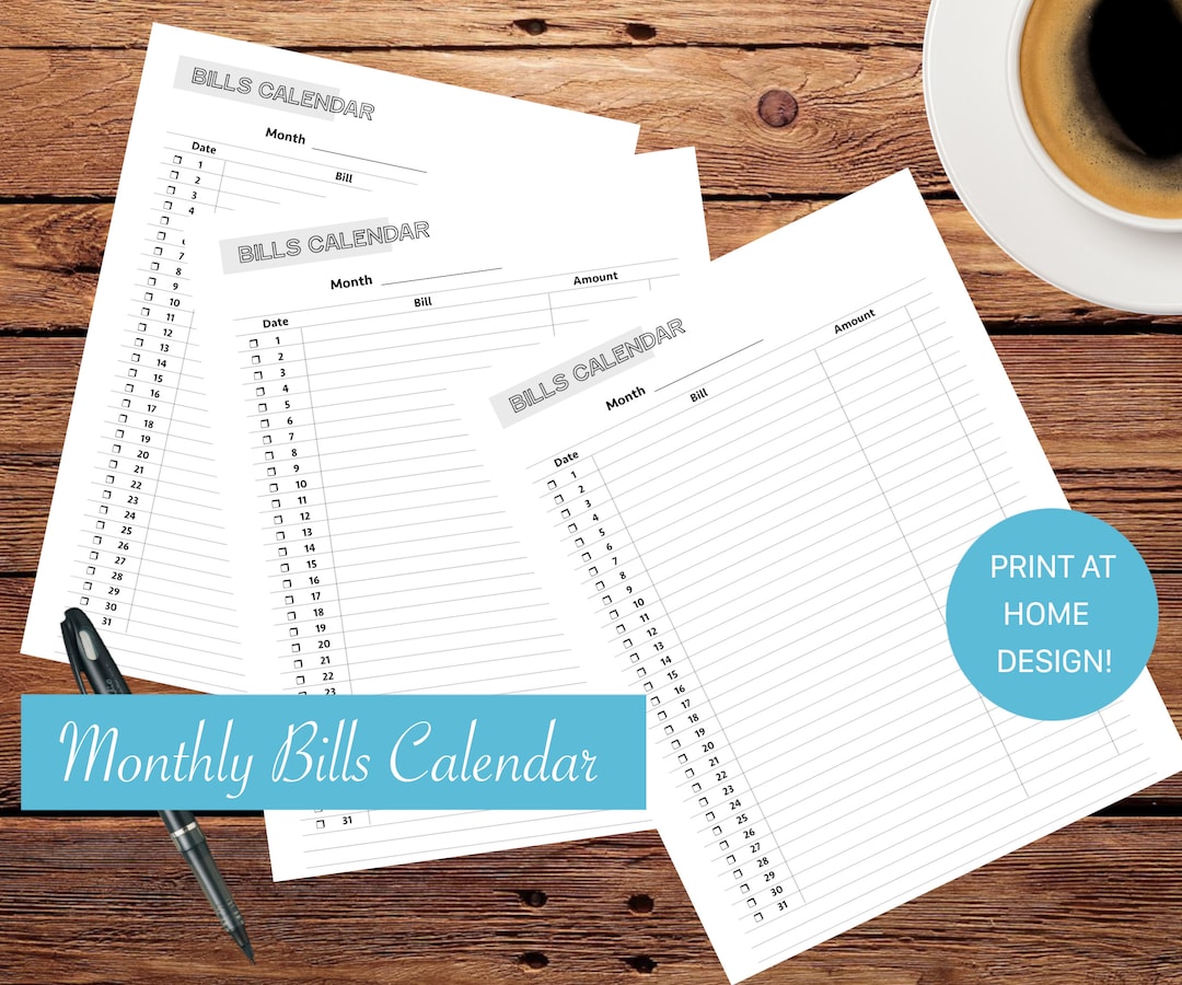 Bills Calendar - Printable Bills Schedule - Scheduler for Bills ...