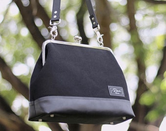 Large Kiss Lock Bag: Black Canvas & Vegan Leather Shoulder Bag
