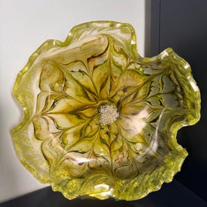 Earthy Green and Gold Floral Resin Art Decorative Bowl - Unique Handmade Home Decor & gift