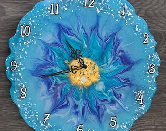 Handmade Resin Wall Clock - Ocean Blue & Gold Decorative Art